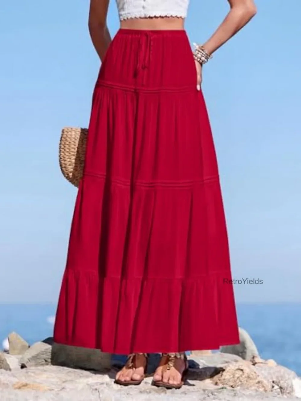 Boho Pleated Maxi Skirt High Waisted Flowy Tiered Skirt Beach Vacation Outfit